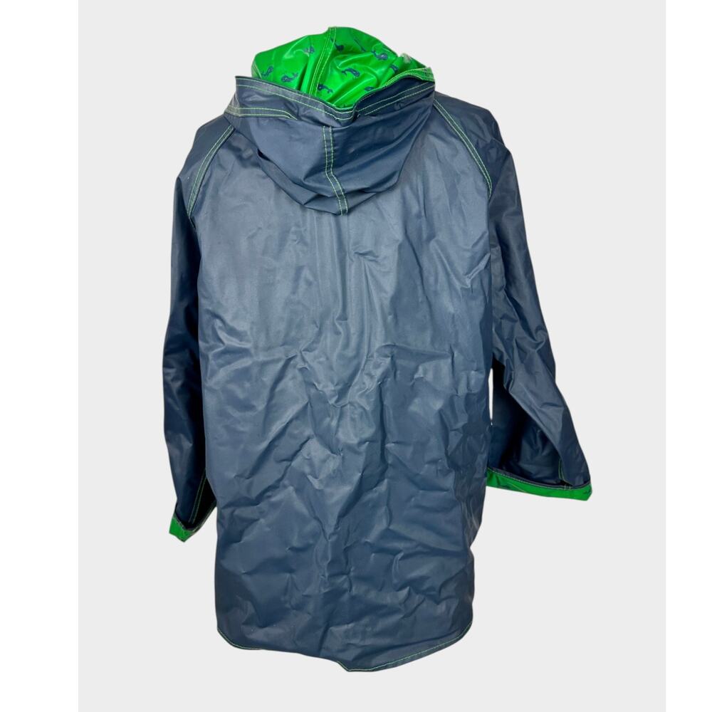 Vintage 1980s M Navy Blue Green Whales Reversible Hooded Raincoat AqueSheen - Picture 3 of 16